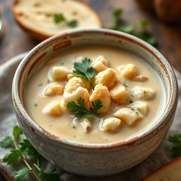 Plated cauliflower chicken soup with parsley garnish