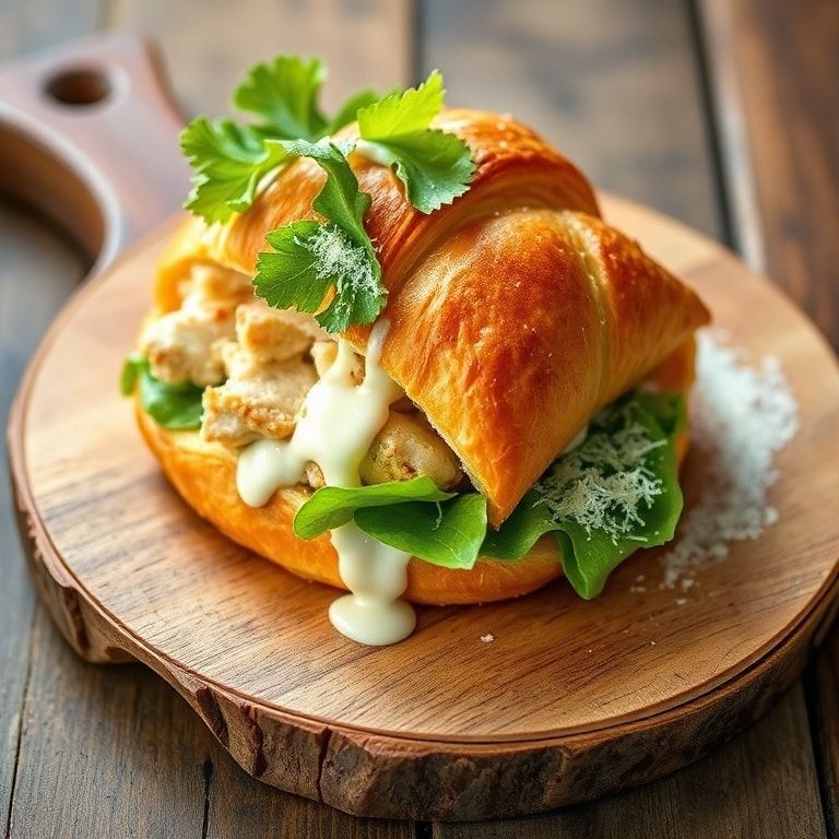 Finished chicken Caesar croissant sandwich plated