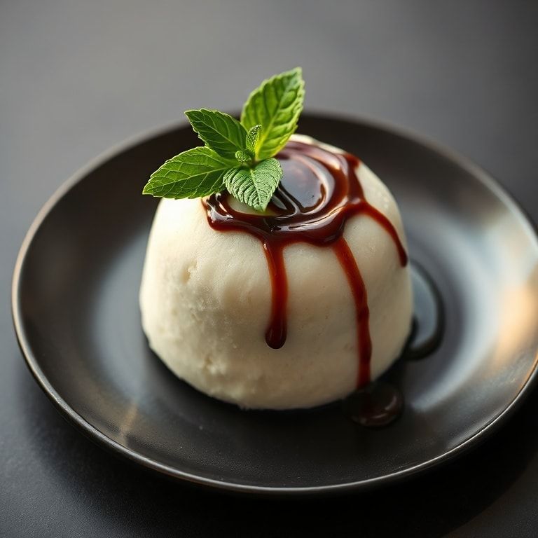Plated coconut mousse dome with chocolate drizzle and mint garnish