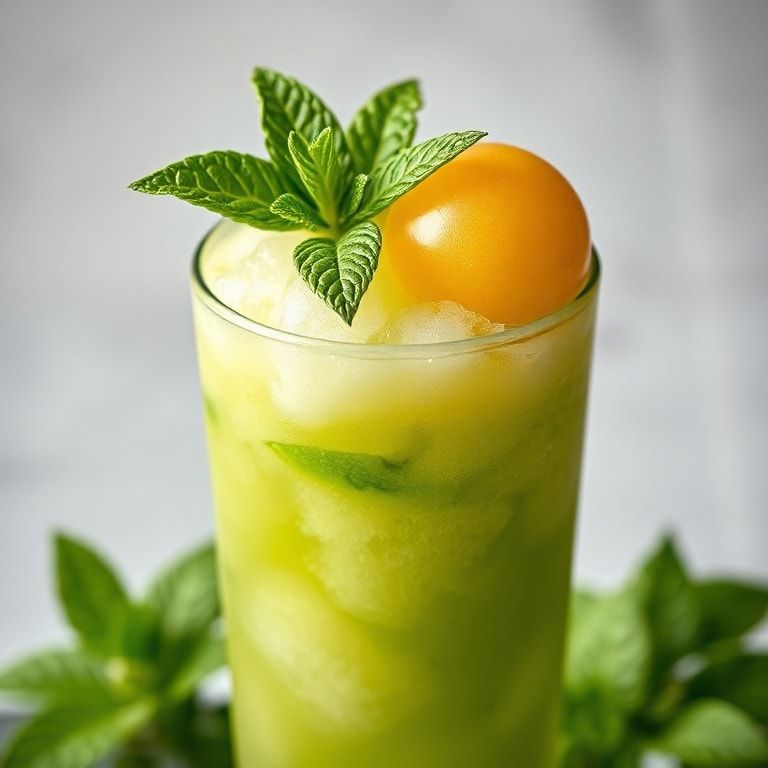 Finished iced green tea garnished with mint and pineapple slice