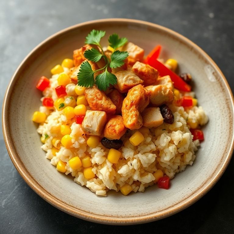 Finished Street Corn Chicken Rice Bowl served in a bowl with cilantro garnish