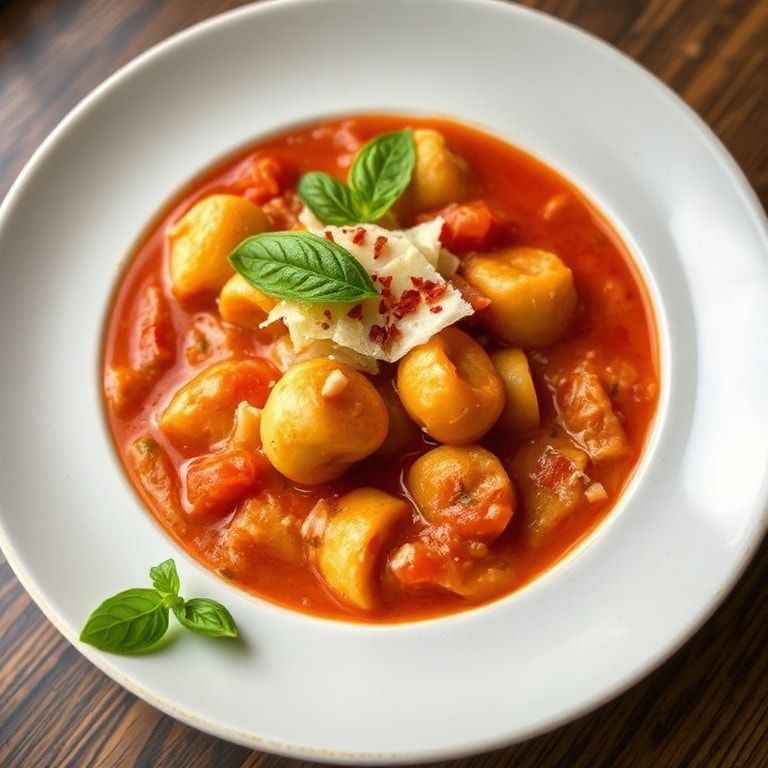 A plated serving of Tomato Gnocchi Soup topped with parmesan, basil, and red pepper flakes, close crop, bowl visible, warm side lighting showcasing texture.