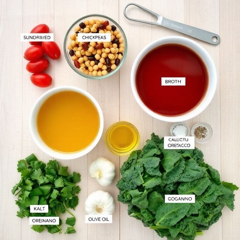 Ingredients for Tomato Gnocchi Soup including sun‑dried tomatoes, chickpeas, kale, gnocchi, broth, garlic, oregano, olive oil, salt, pepper arranged flat lay over light wood, measuring tools visible.