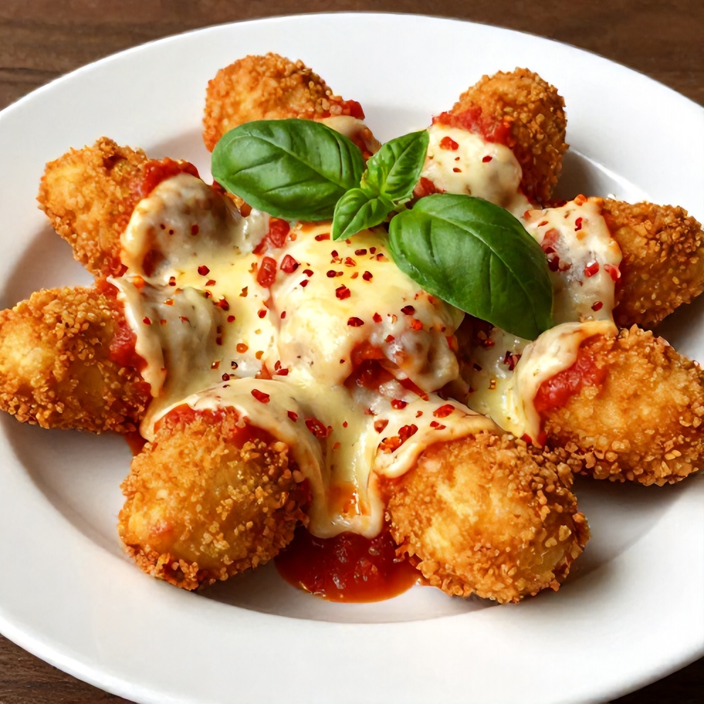 Plated Air Fryer Chicken Parmesan Bites with a side of marinara