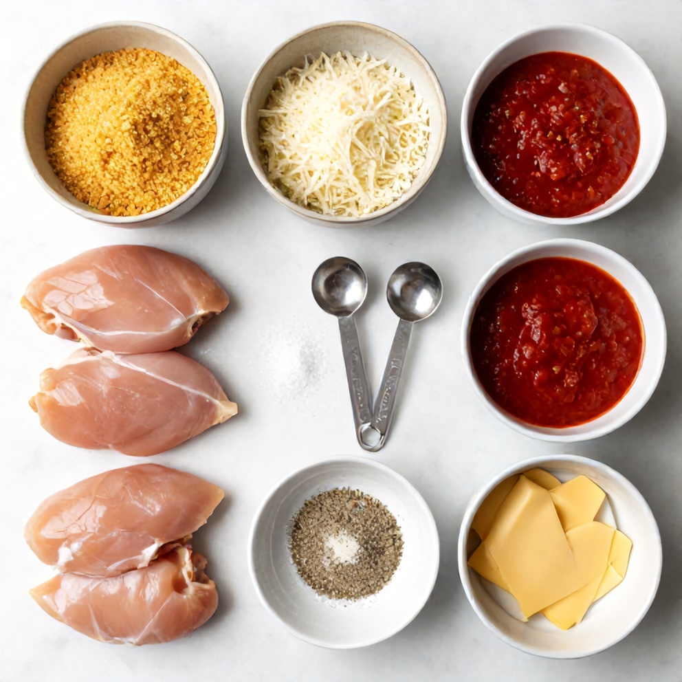 Raw ingredients for Air Fryer Chicken Parmesan Bites on a marble surface