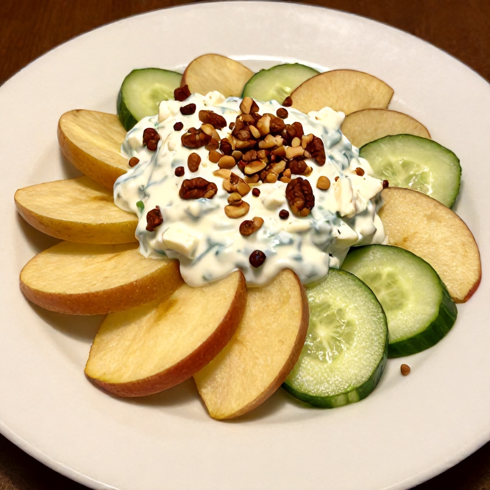 Plated serving of crispy apple cucumber salad