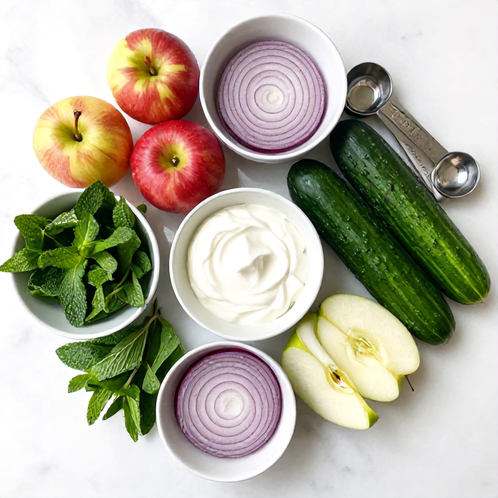 Raw ingredients for apple cucumber salad
