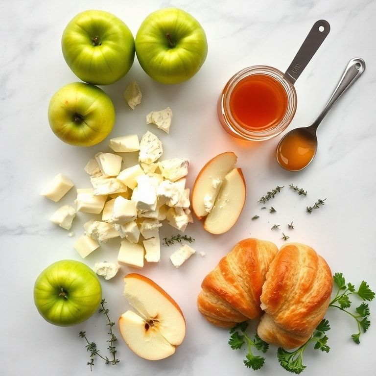Apple, goat cheese, croissant halves, honey, thyme flat lay