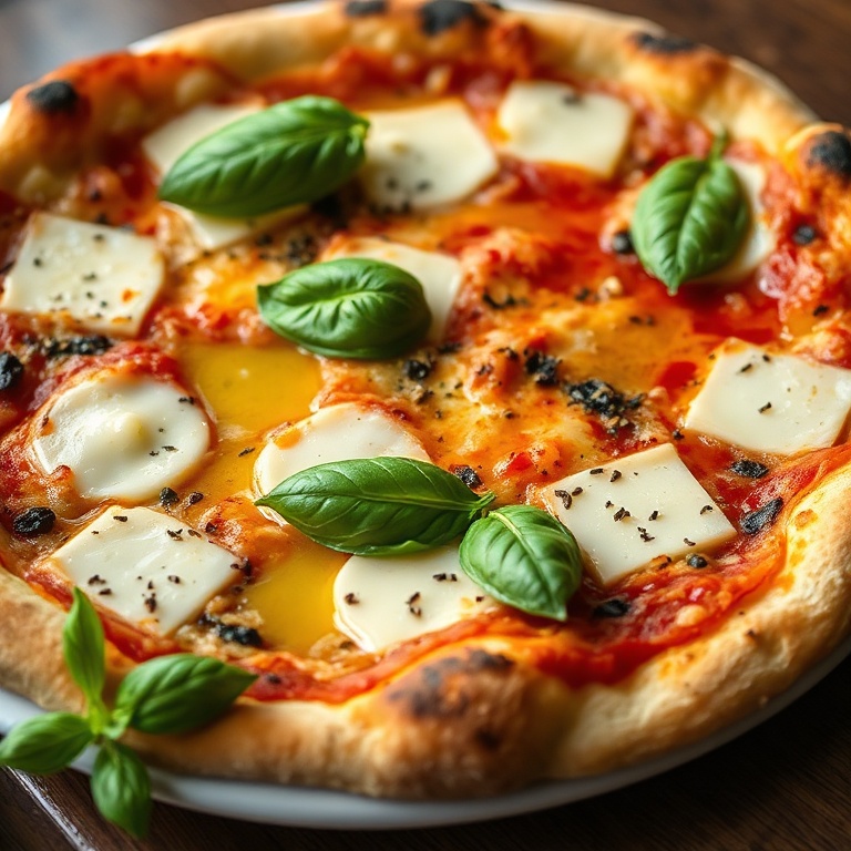 A perfectly plated Neapolitan pizza with fresh basil and olive oil. Close crop shows cheese texture. Warm side lighting. Photorealistic food photography.