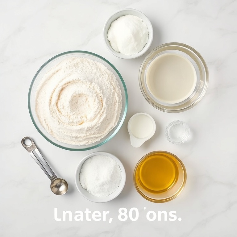 Fresh flour, yeast, salt, water, and olive oil arranged in an overhead flat lay. Measuring spoons and bowls visible. Bright natural light. Photorealistic food photography.