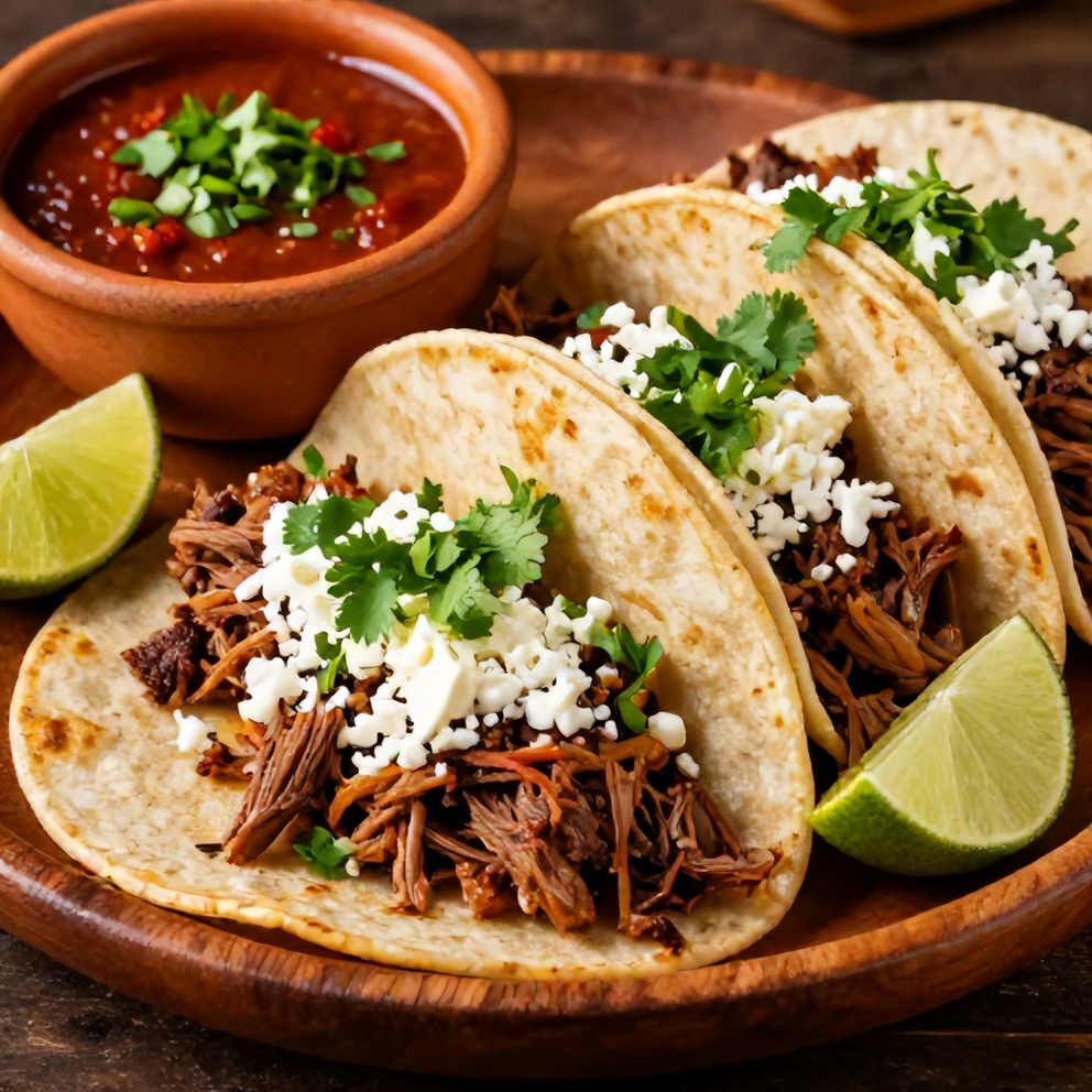 Plated serving of Authentic Pot Birria Tacos with a side of consommé