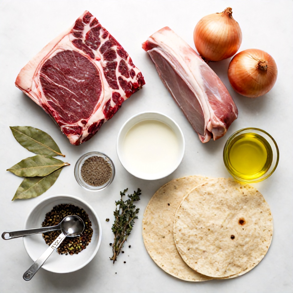 Raw ingredients for Authentic Pot Birria Tacos arranged on a wooden surface