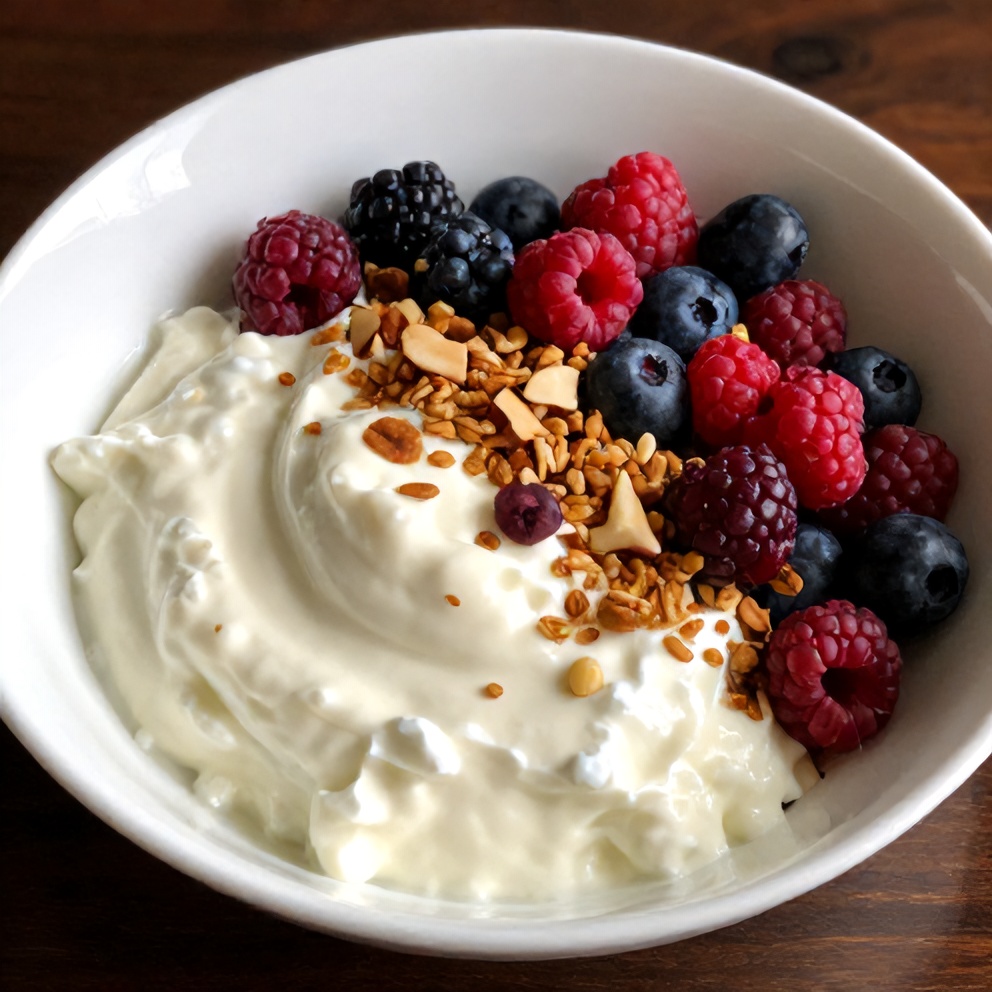Plated berry cottage cheese bowl with fresh berries and granola