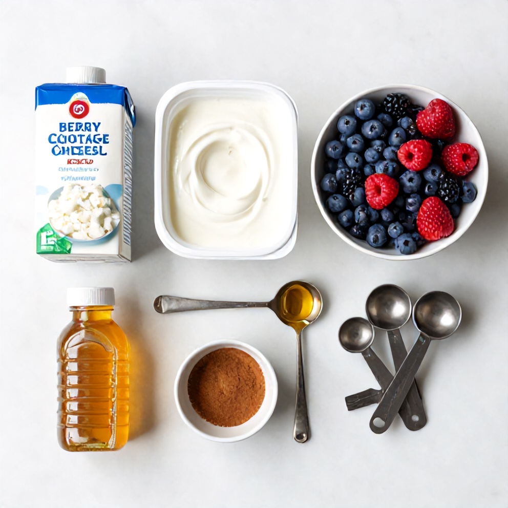 Raw ingredients for berry cottage cheese bowl on a white marble surface