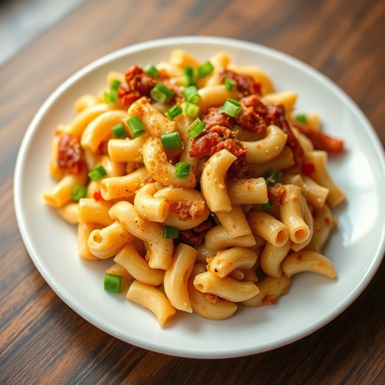 Perfectly plated hawaiian bbq macaroni salad with a sprinkle of green onions on a white plate. Warm light highlights the texture.