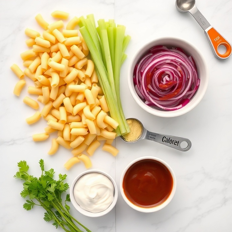 Fresh macaroni, celery, red onion, mayonnaise, ketchup, and barbecue sauce arranged in a flat lay. Measuring tools and bowls nearby.