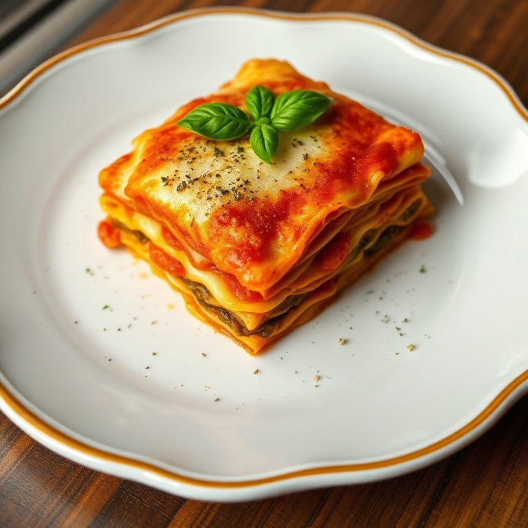 Perfectly plated lasagna with a sprinkle of fresh basil. A white ceramic plate with golden edges and melty cheese. Warm side lighting highlights the texture.