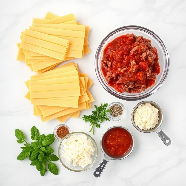 Raw ingredients for lasagna arranged in an overhead flat lay. Fresh lasagna noodles, ground beef, tomato sauce, Parmesan cheese, and Italian seasoning. Measuring spoons and cups visible.