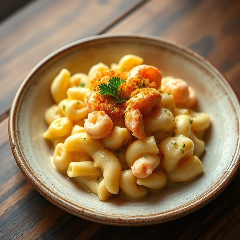 Perfectly plated lobster mac and cheese with a sprinkle of parsley. Served in a rustic ceramic bowl. Warm lighting highlights the creamy sauce and crispy top.