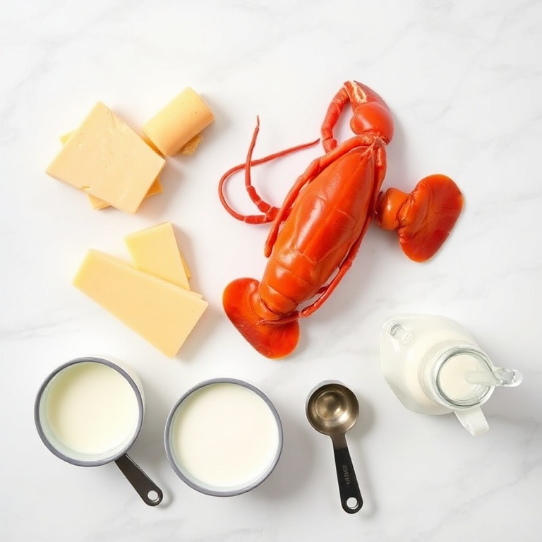 Fresh lobster, sharp cheddar, Gruyère, Parmesan, and milk arranged in a flat lay. Measuring spoons and bowls visible on a white marble surface.