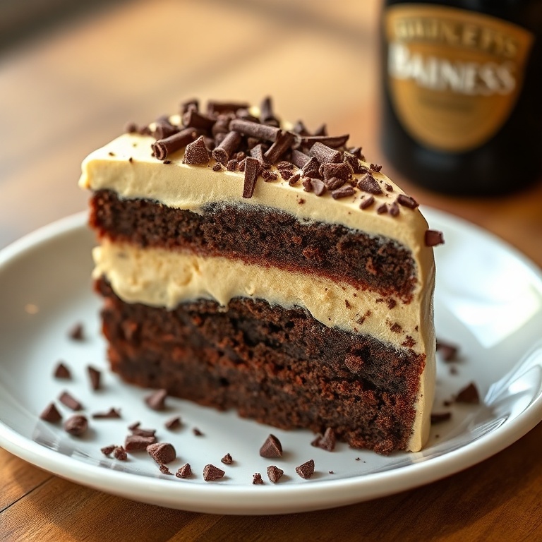 A slice of guinness chocolate cake with baileys buttercream. The cake is moist and layered with rich chocolate and a smooth, creamy frosting.
