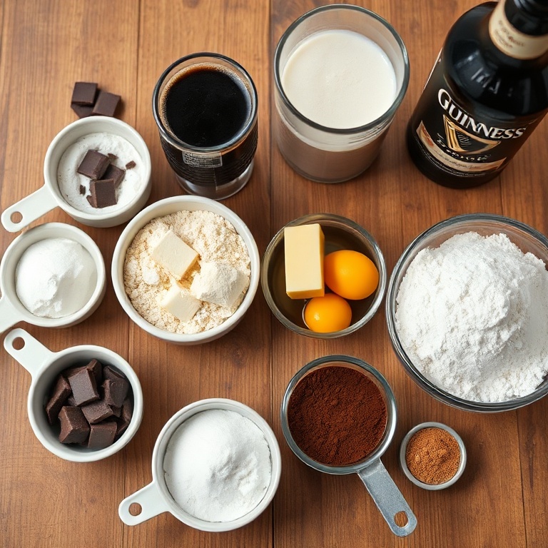 Fresh chocolate, brewed guinness, flour, butter, sugar, eggs, cocoa powder, and baileys. Measuring cups and bowls on a wooden countertop.