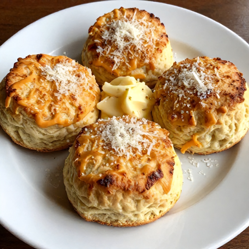 Perfectly plated Cheddar Bay Biscuits with a sprinkle of parmesan and a dollop of garlic butter. Warm side lighting shows texture.