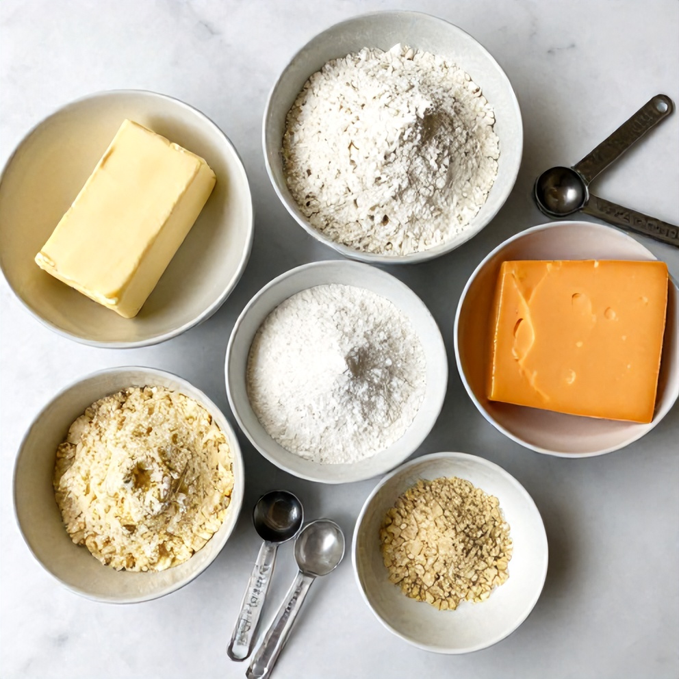 Fresh butter, flour, cheddar cheese, baking powder, and garlic powder arranged in a flat lay. Measuring cups and spoons nearby.