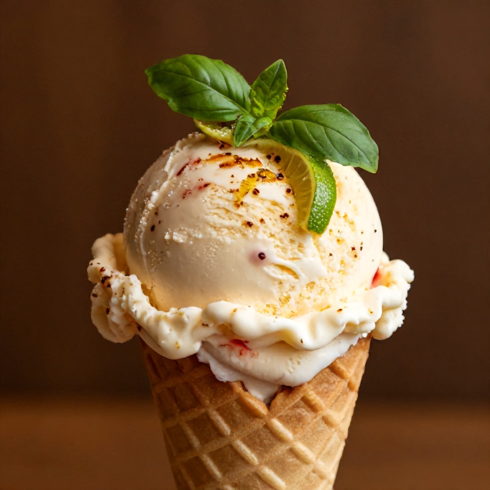 Scoop of roasted strawberry basil ice cream with a lime twist on a cone