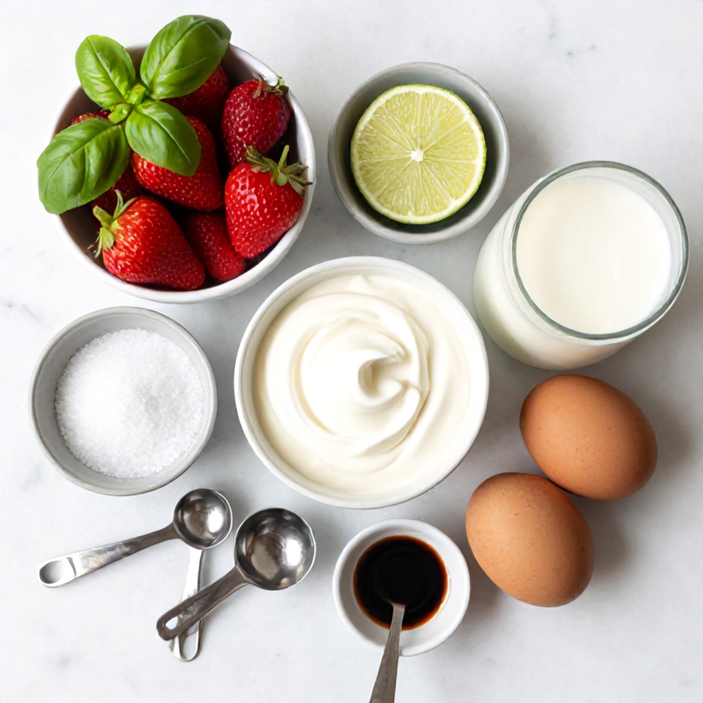 Flat lay of strawberries, basil, lime, and other ingredients for roasted strawberry basil ice cream