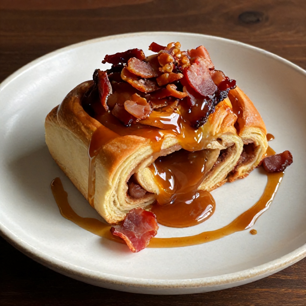 Bourbon Maple Bacon Cinnamon Rolls plated with Candied Bacon