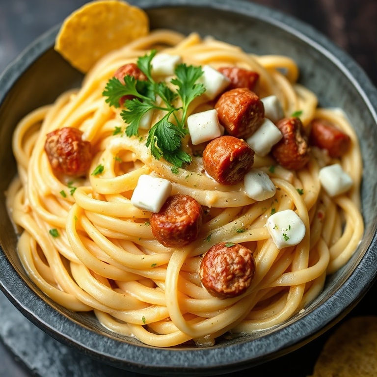 Finished cajun sausage pasta plated in a bowl