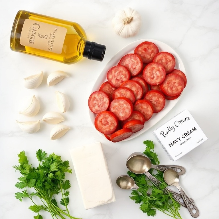 Flat lay of cajun sausage pasta ingredients
