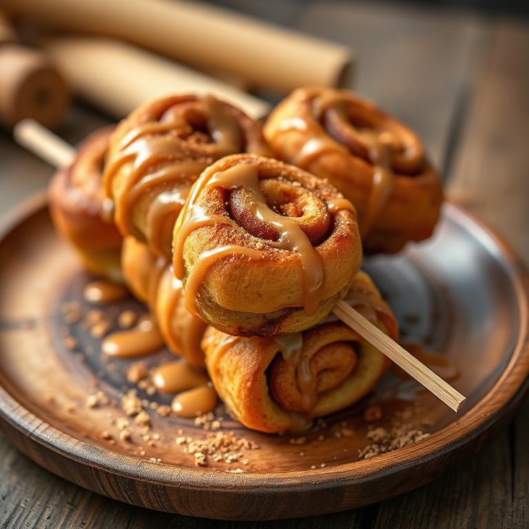 Campfire Cinnamon Roll-Ups on a Stick. Served on a wooden plate with a drizzle of glaze and a sprinkle of cinnamon.