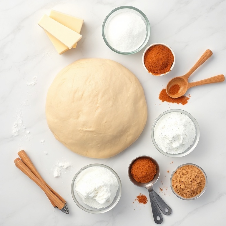 Cinnamon roll dough, butter, sugar, wooden sticks, powdered sugar, cinnamon, and brown sugar arranged in a flat lay.