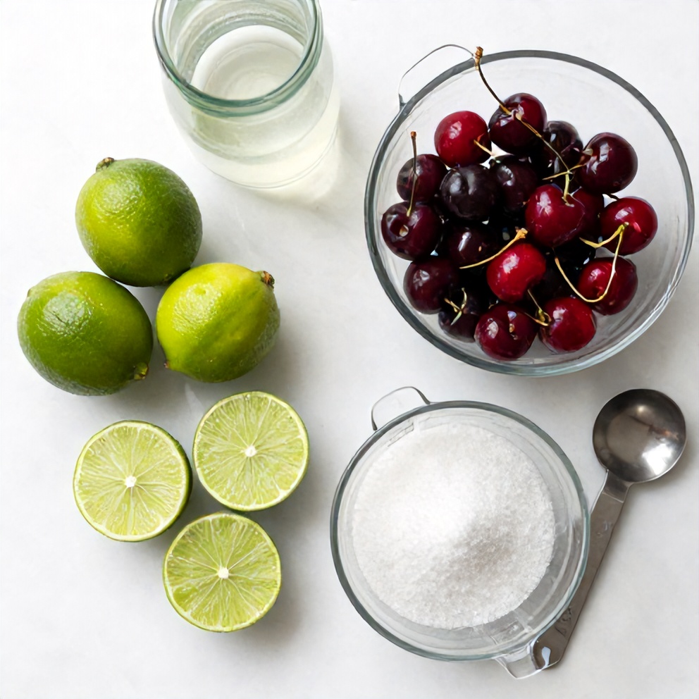 Ingredients for Cherry Limeade including limes, cherries, and sugar