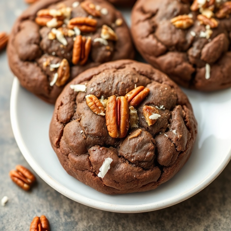 Perfectly plated chewy german chocolate cookies with coconut and pecans. Garnished with a sprinkle of pecans. Close crop showing rich texture and golden crust.
