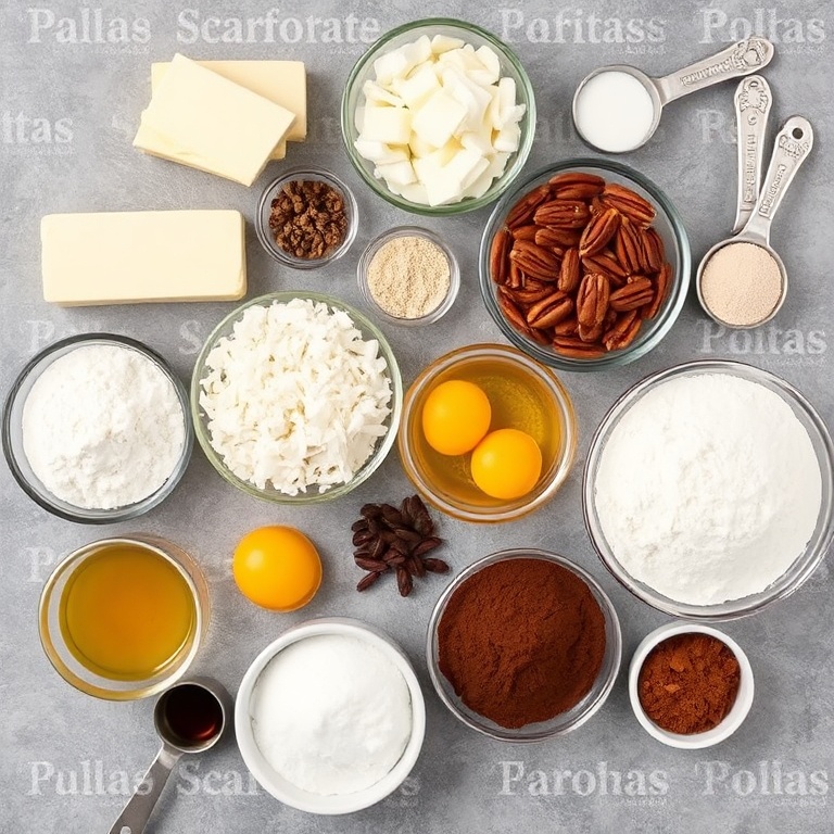 Raw ingredients for chewy german chocolate cookies. Flour, butter, sugar, coconut, pecans, eggs, vanilla, baking soda, and cocoa powder arranged in a flat lay. Measuring cups and spoons nearby.