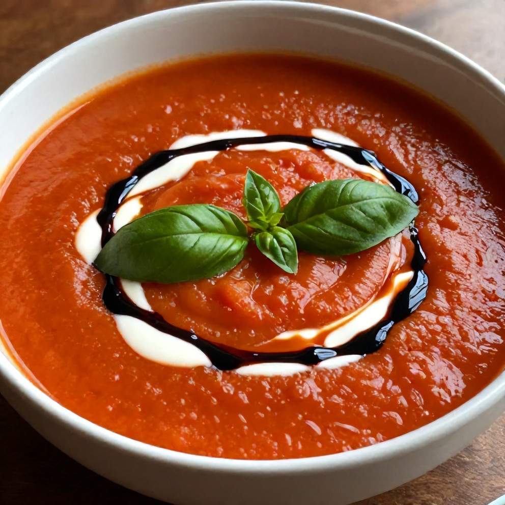 Chilled Roasted Tomato Basil Soup with Coconut Cream