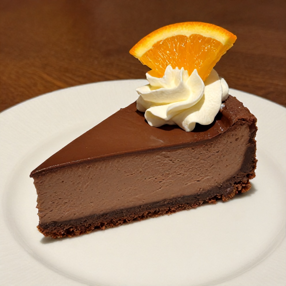 Sliced chocolate orange cheesecake on a plate with a dollop of whipped cream
