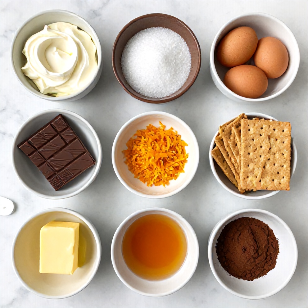 Raw ingredients for chocolate orange cheesecake including cream cheese, chocolate chips, and orange zest
