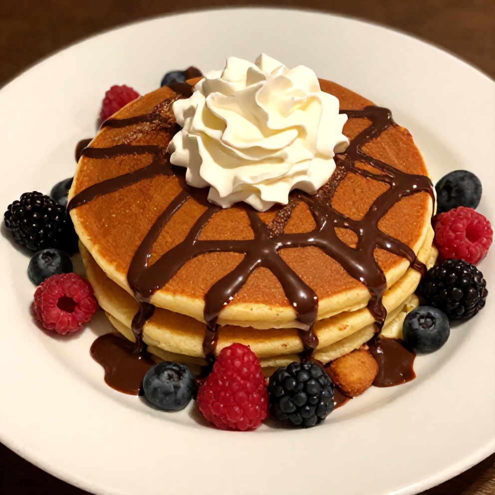 Plated Cinnamon Sugar Churro Pancakes with chocolate syrup