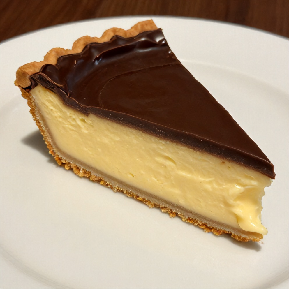 Boston Cream Pie slice on a white plate
