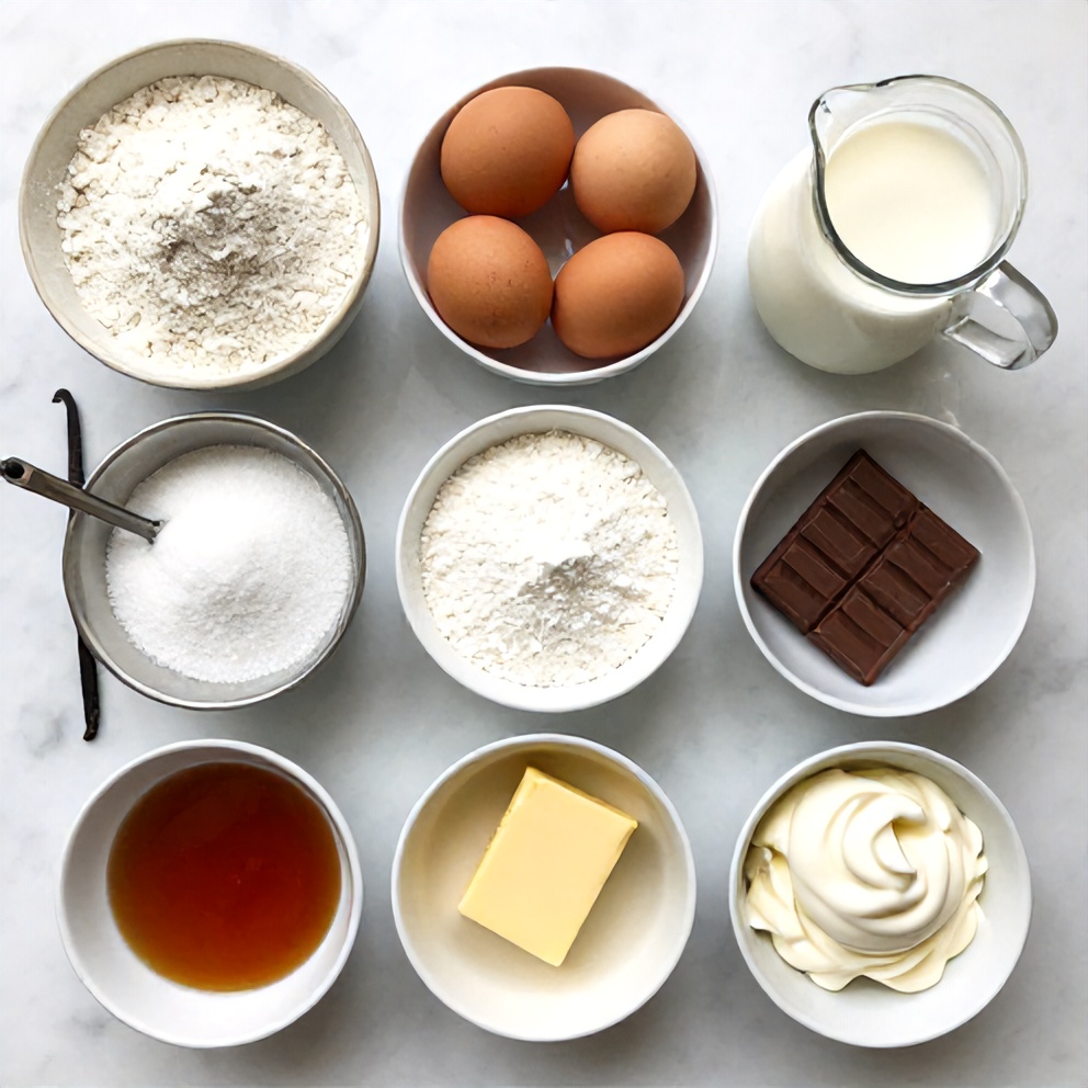 Boston Cream Pie ingredients on a marble countertop