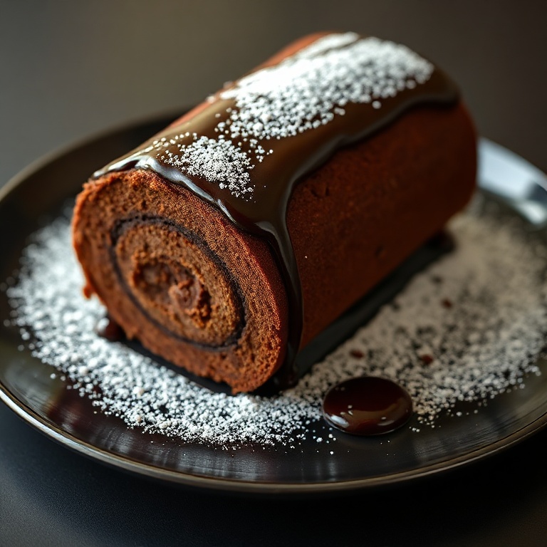 A perfectly plated classic chocolate yule log with a chocolate glaze and a dusting of powdered sugar. The plate is dark and elegant.