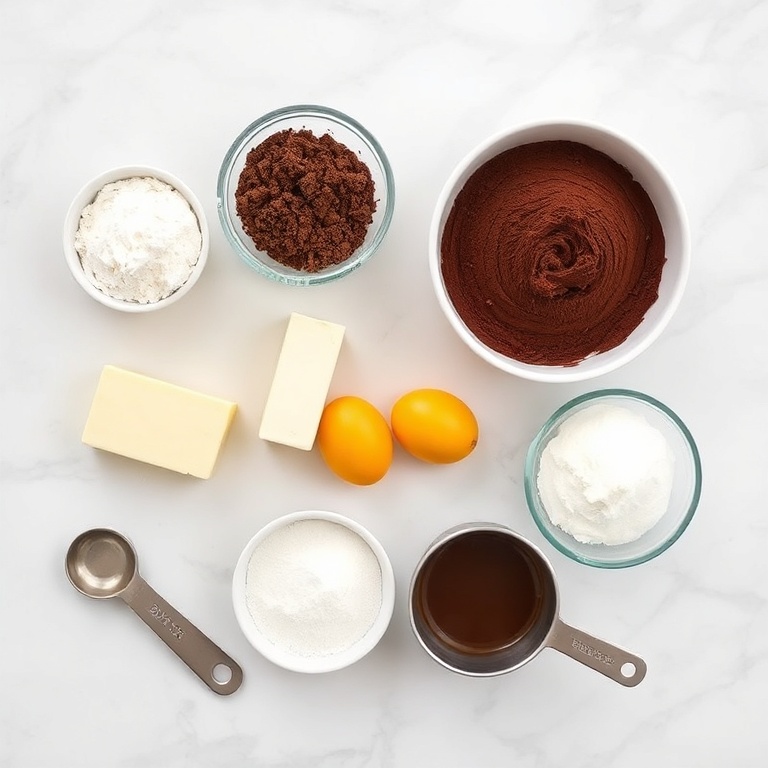 All raw ingredients for a classic chocolate yule log arranged in a flat lay. Flour, cocoa powder, butter, eggs, and sugar are visible on a white marble surface.