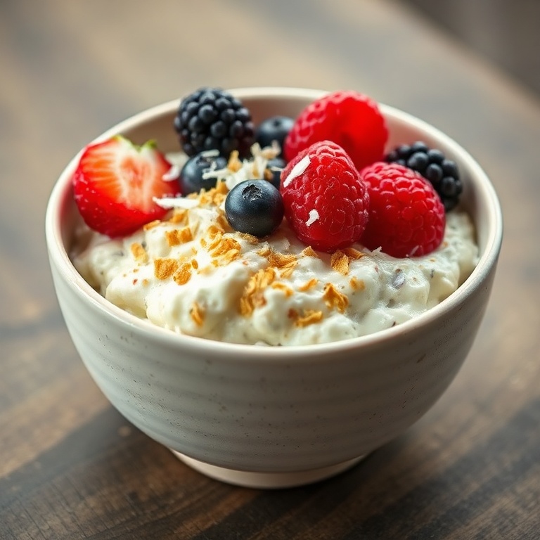 A serving of coconut cream overnight oats with fresh berries and toasted coconut on top
