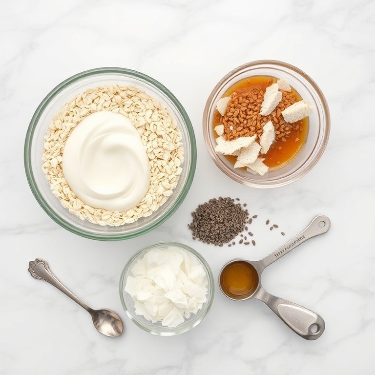 Raw ingredients for coconut cream overnight oats: oats, coconut milk, coconut flakes, chia seeds, and a splash of maple syrup