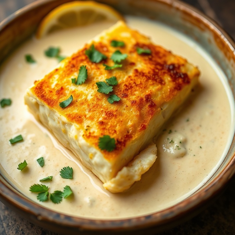 Plate of coconut curry cod served with cilantro garnish, sauce coating fillets, exposed to warm light