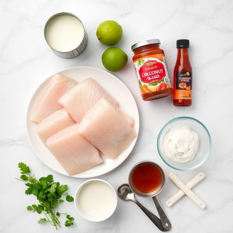 Raw cod fillets, coconut milk, red curry paste, lime, fish sauce, coconut oil